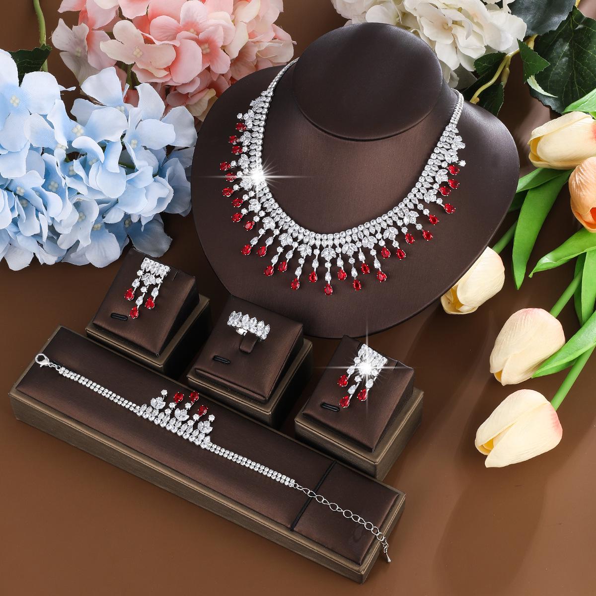 

Elegant Zirconia Bridal Jewelry Set: Necklace, Earrings, Bracelet & Ring with Colorful Gemstones