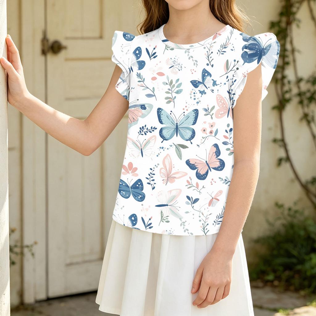 Girls' Short Sleeve Floral Print Ruffle T-Shirt - Casual Round Neck Top for Spring and Summer