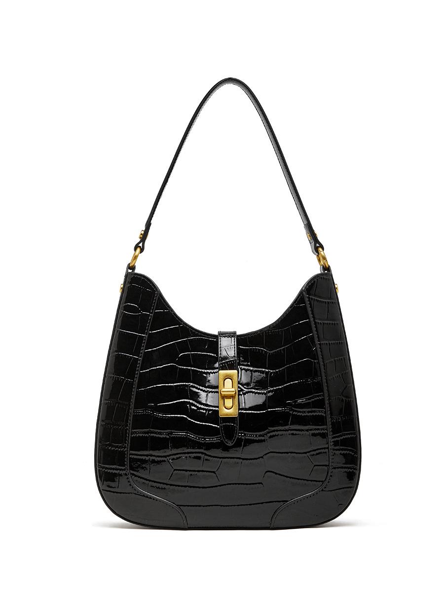

Crocodile Pattern Color Block Genuine Leather One-Shoulder Bag 2026 - Trendy Women s Handbag 27*7*21 Middle, 26 Side чёрный