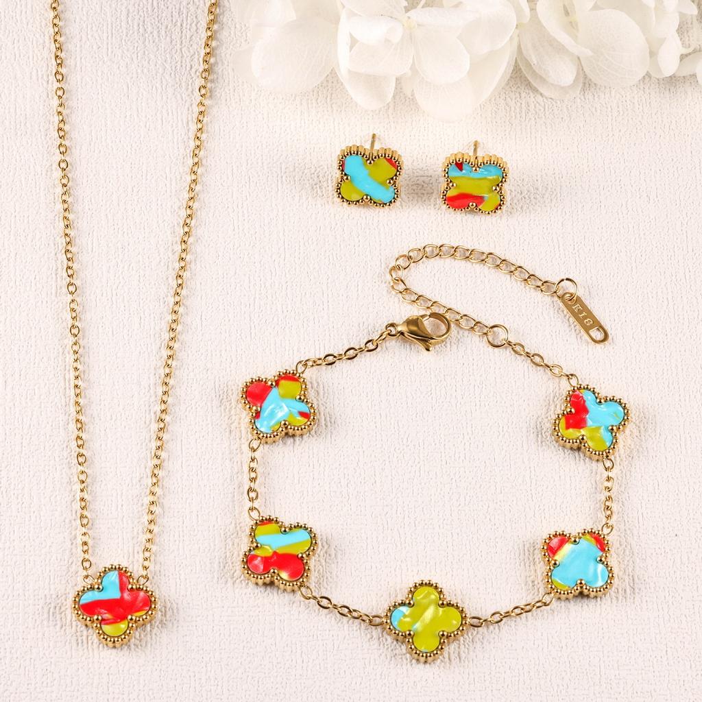 3PCS Clover 18K Gold Plated Necklace Bracelet Earnail Set Women's Light Luxury Colorful Fashion Accessories