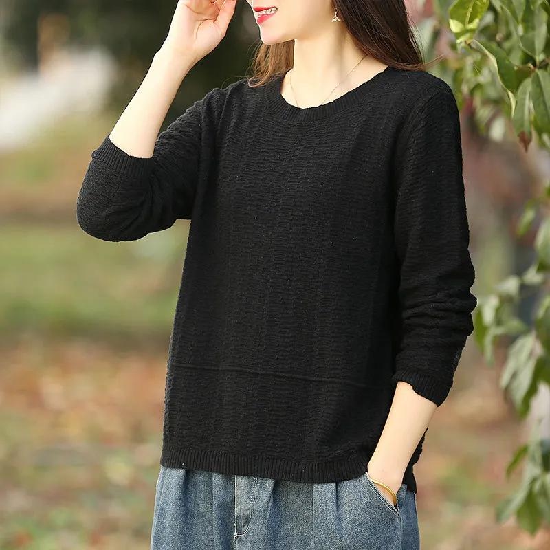 

Весенне-осенний однотонный пуловер с круглым вырезом, хлопковый свитер, женский свободный базовый свитер XXXL чёрный