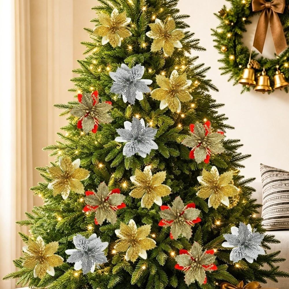 10Pcs Multi-Color Artificial Poinsettia Flowers Sequin Plastic Christmas Flowers Ornaments Holiday