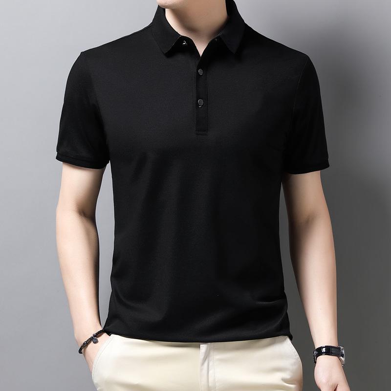 Letní nové stylové hedvábné bavlněné klopové polo tričko s krátkým rukávem, jednobarevné, prodyšné tričko, pánské základní oblečení