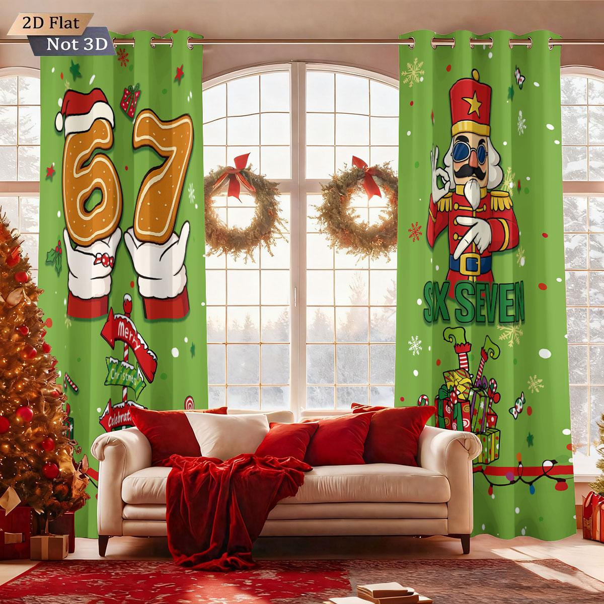 

2Pcs Merry Christmas 67 Element Printed Perforated Blackout Curtains In Various Sizes Living Room Bedroom Insulation Decoration 140x160&Grommet Top