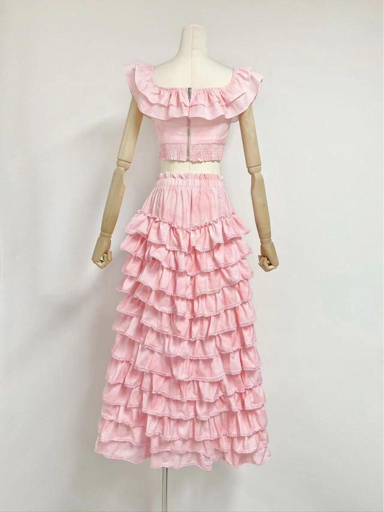 Elegante Completo Estate 2024 con Top a Scollo Quadrato e Gonna Lunga a Strati per Donna