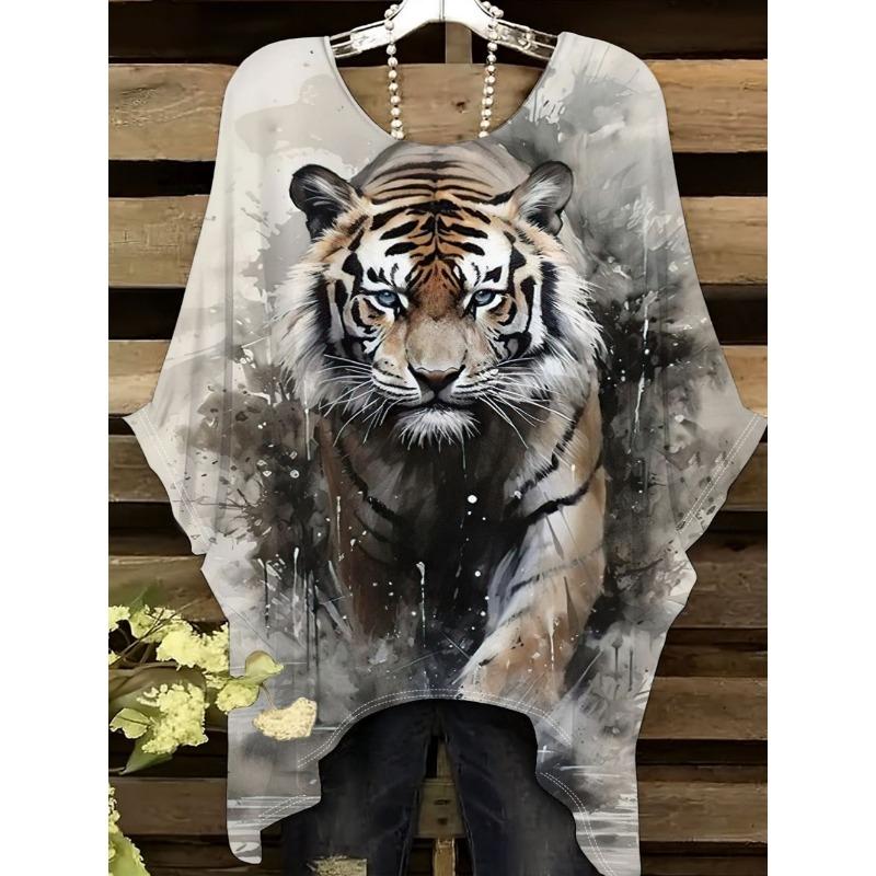 Camiseta de Mujer Moda Leopardo Impresión 3D Tops Verano Sexy Cuello Redondo Manga Corta Camiseta Calle Casual Holgada Ropa de Mujer