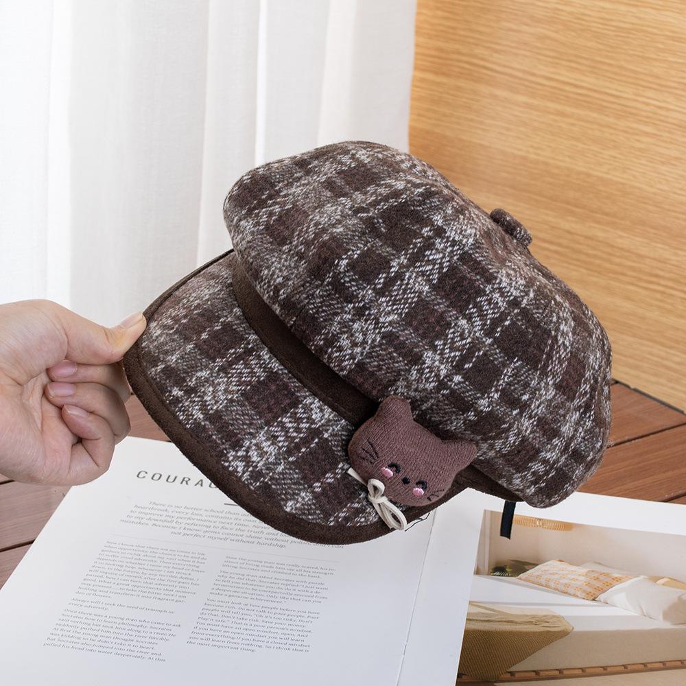 Cartoon plaid woolen octagonal hat female retro fashion versatile atmosphere show face small newsboy beret forward hat