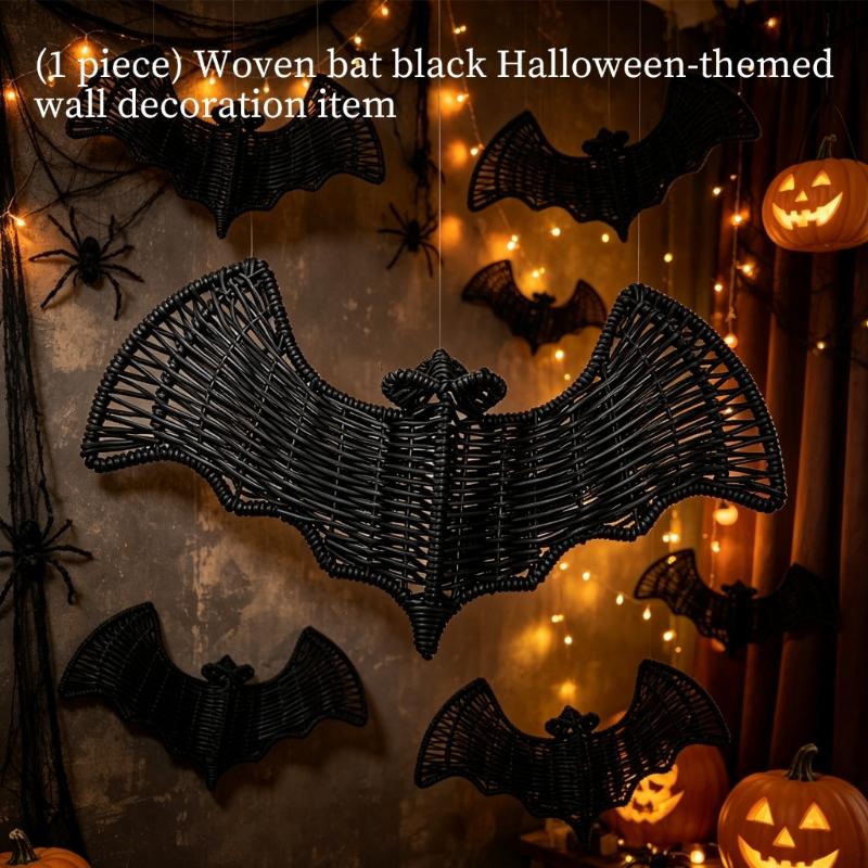 Woven Faux Rattan Black Bat Wall Art Decors for Halloween Party Backdrops, Gothic Layering Hanging Pendants for Seasonal Home Displays