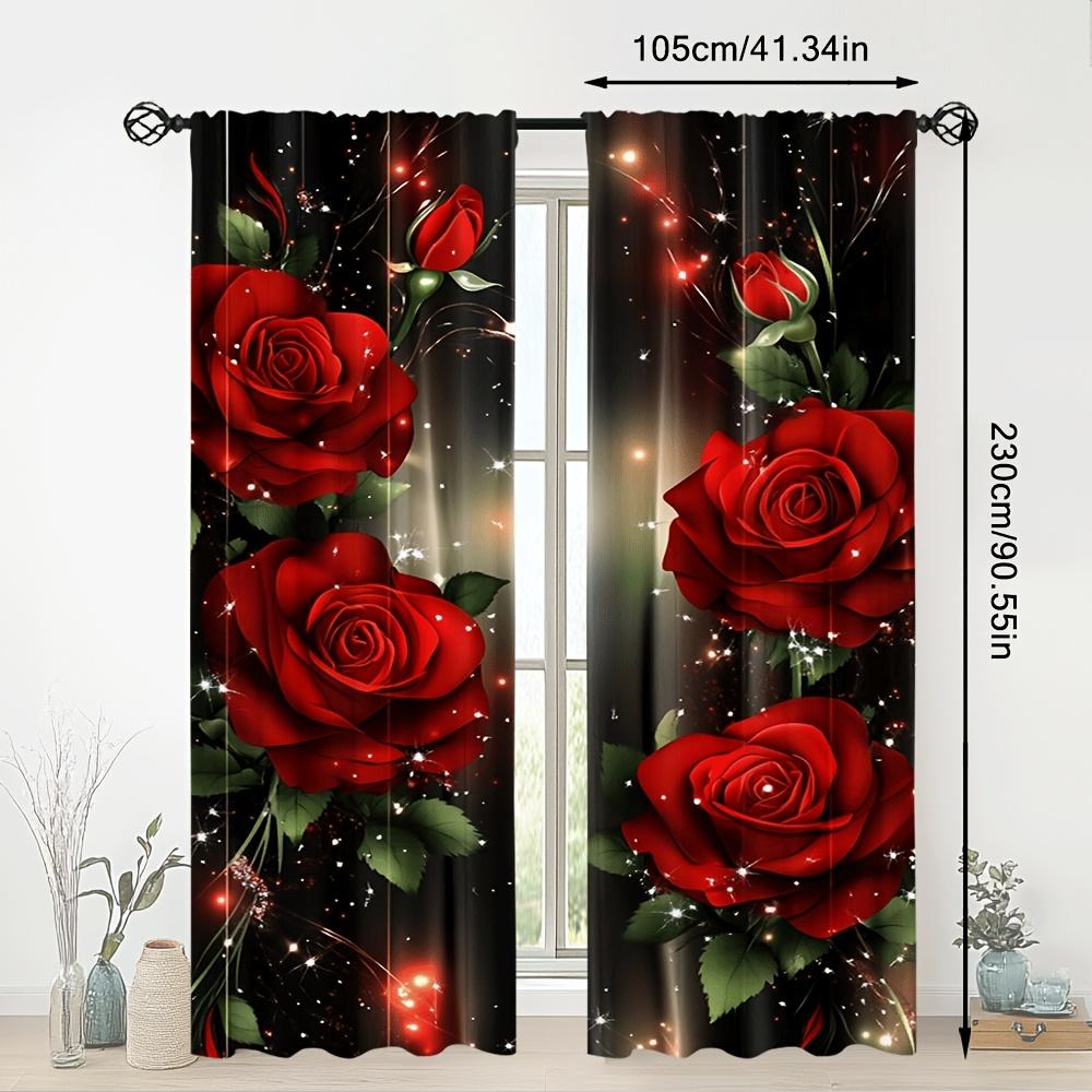 Set Of 2 Rose Illusion Door Curtains Black Background Red Sparkle Semi Translucent Bedroom Living Room Decor Light Filtering Made Polyester Window