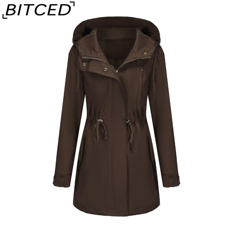 

BITCED Women s Cotton Hooded Trench Coat - Spring/Autumn Outerwear Plus Size Loose Fit Solid Colour Garment XXXXL темно-коричневого