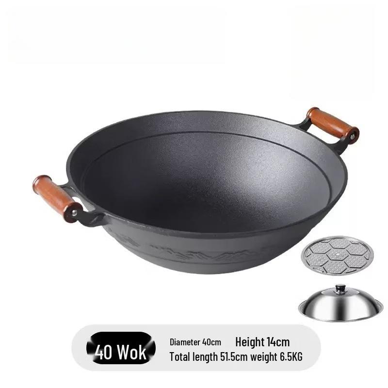 Zhishi Cast Iron Deep Wok with Wooden Handles