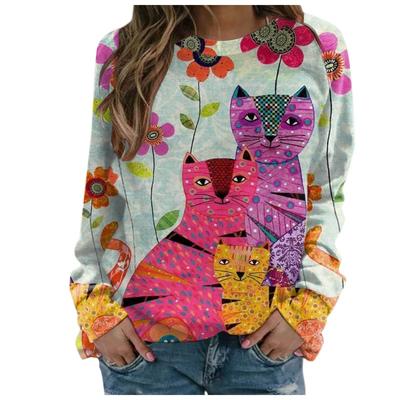 Spring  Autumn 3D Digital Printed Women's Long Sleeve T-shirt Loose Fashion Printed Cat Top