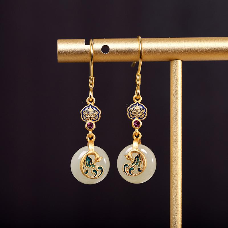 Ancient Gold Craft Natural Hetian Jade Round Earings for Women New In Court Style Phoenix Dance Eardrop Wedding Jewelry