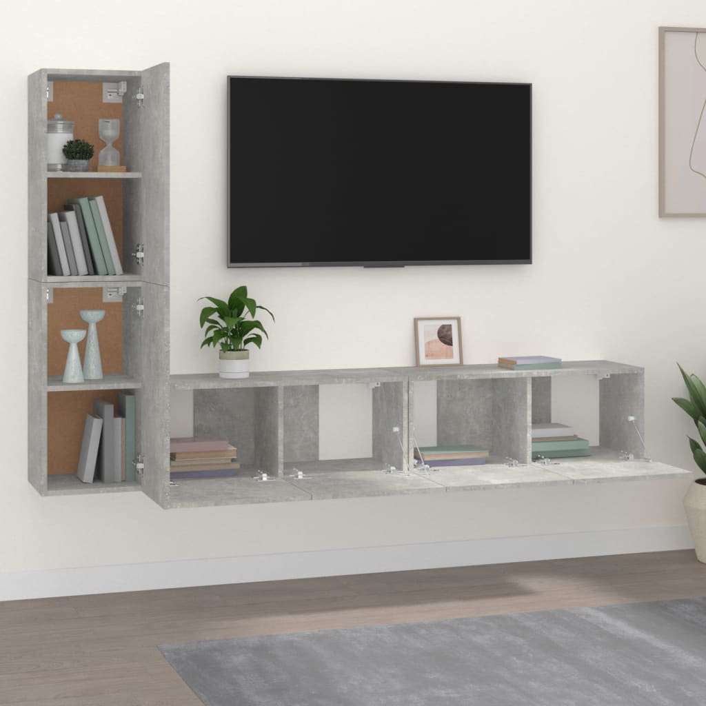 4 piece TV cabinet set concrete grey particleboard