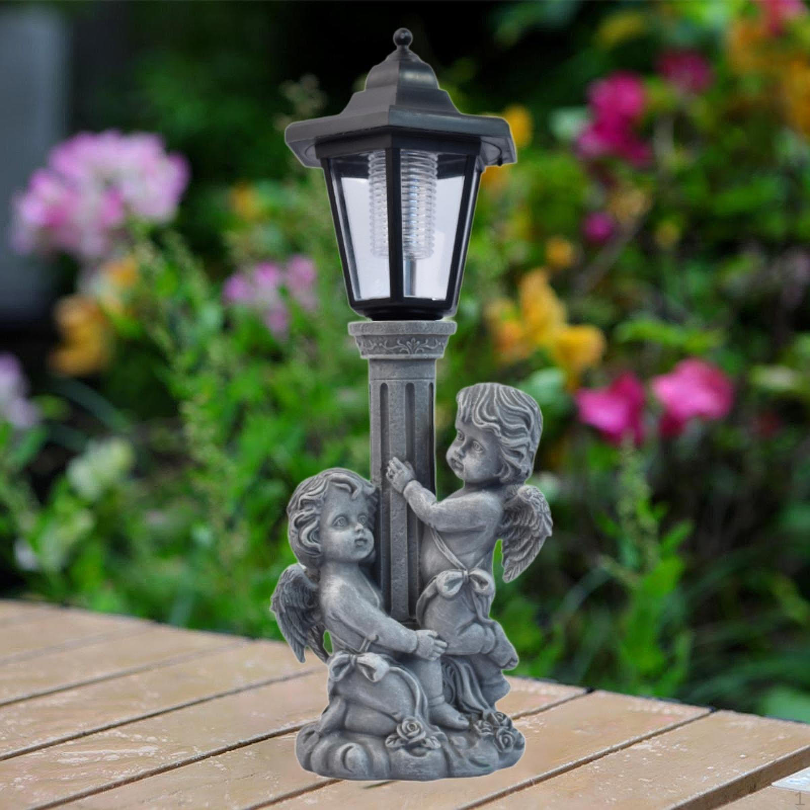 

Angel Statue with Solar Lights Ornament Decoration Modern Gift Figurine Gray Resin Sculpture for
