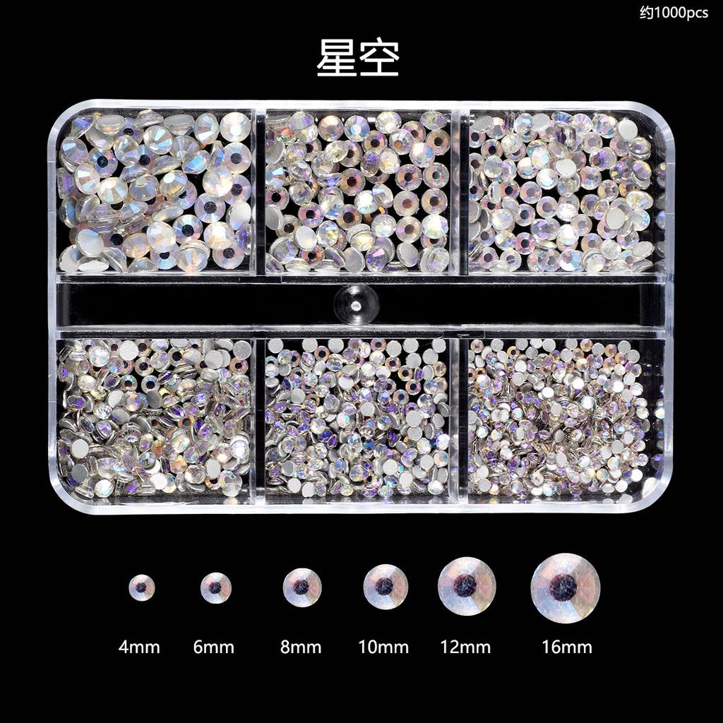 Nail Art Diamond 6 Grid Glass Flat Bottom Round Diamond Crystal Transparent Ab Mixed Color Large And Small Mixed Decoration