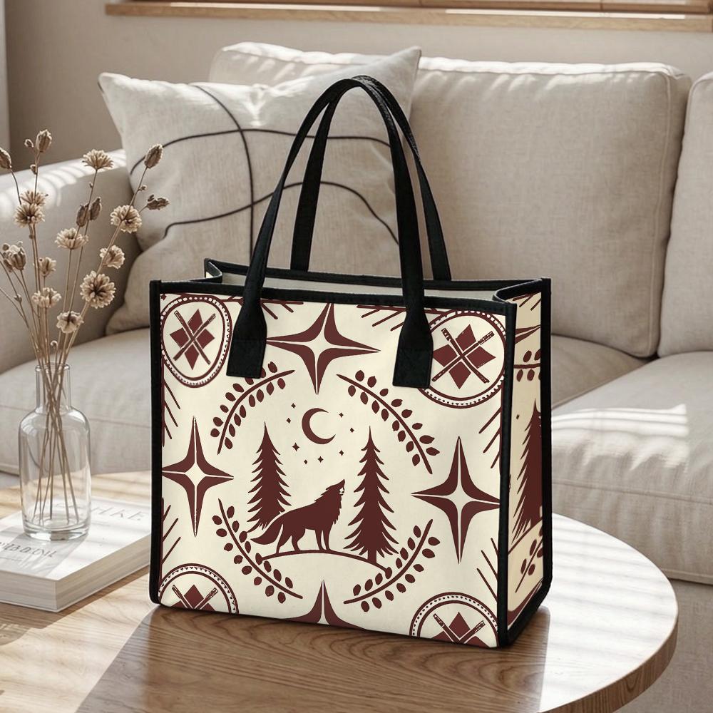 Boho Wolf Pattern Tote Bag Casual Large Capacity Daily Portable Shopping Shoulder Handbag