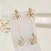 Fashion Round Opal Bead Dangle Earrings for Women Party Rhinestones Hollow Out Bow Knot Drop Earrings Golden Party Long Jewelry