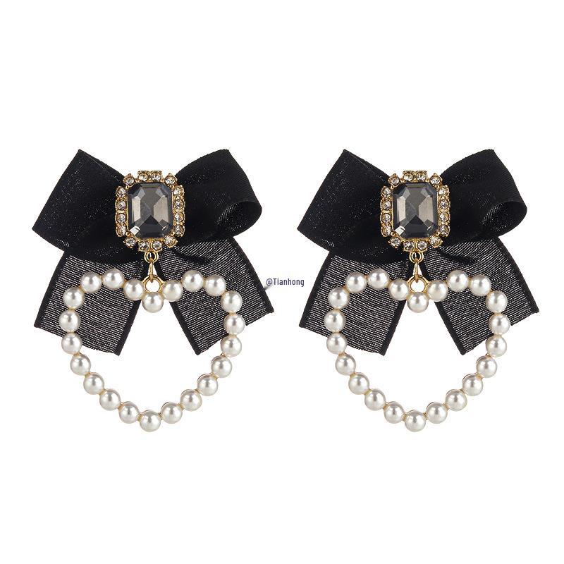 Retro Bow Style Clip-On Earrings - Black French Korean Accessory for Women