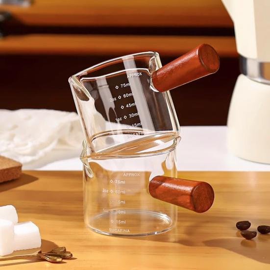 Glass Measuring Cup with Wood Handle Espresso Milk Coffee Mug 100ml Double Scale Clear Coffee Brewing Supplies