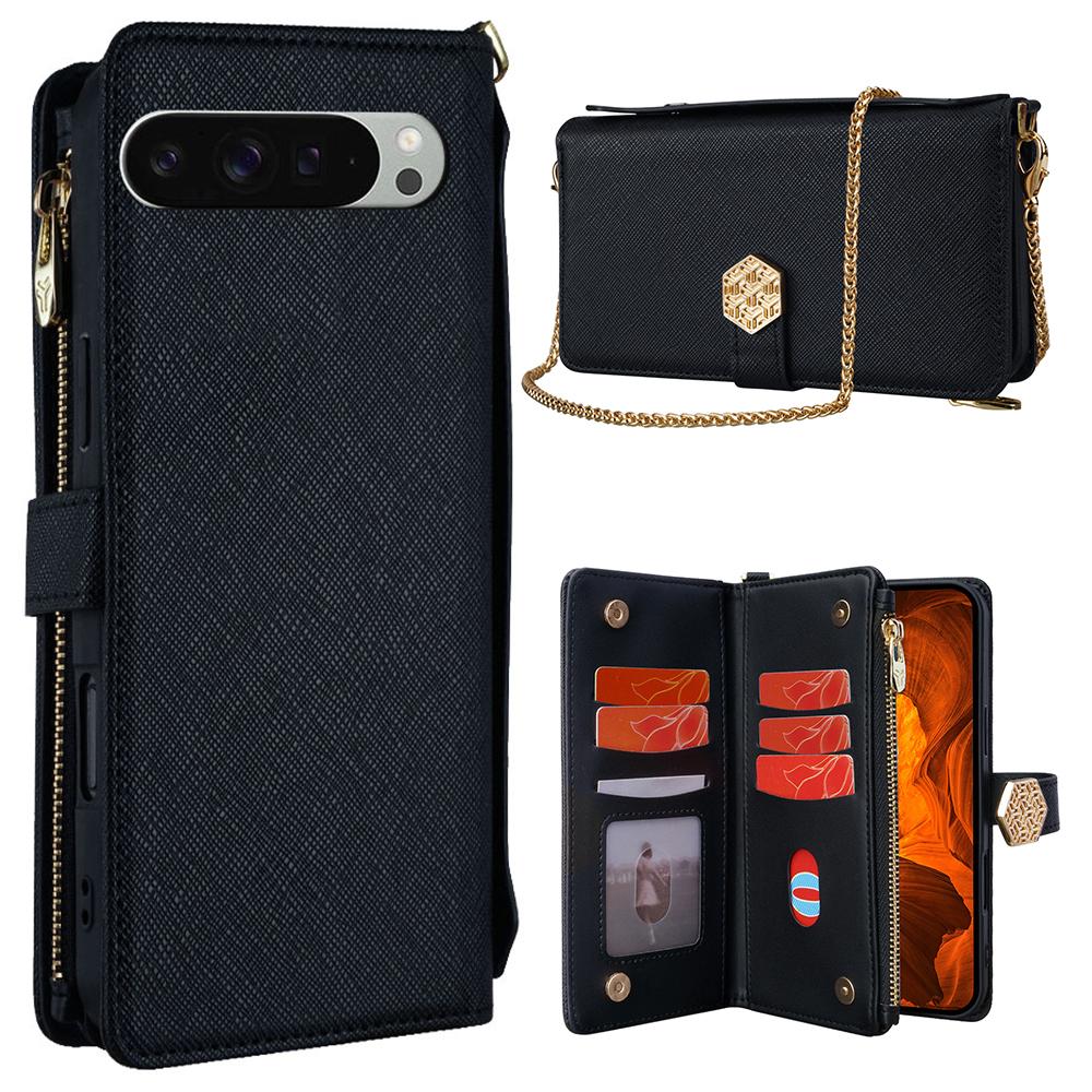 For Google Pixel 9 Pro XL Case Cross Texture PU Leather+TPU Wallet Phone Cover with Strap