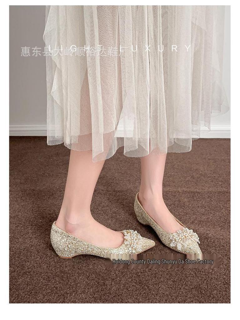 Champagnerfarbene Xiuhe Plateau-Pailletten-Hochzeitsschuhe für Damen - Weite Passform mit innerer Höhenerhöhung