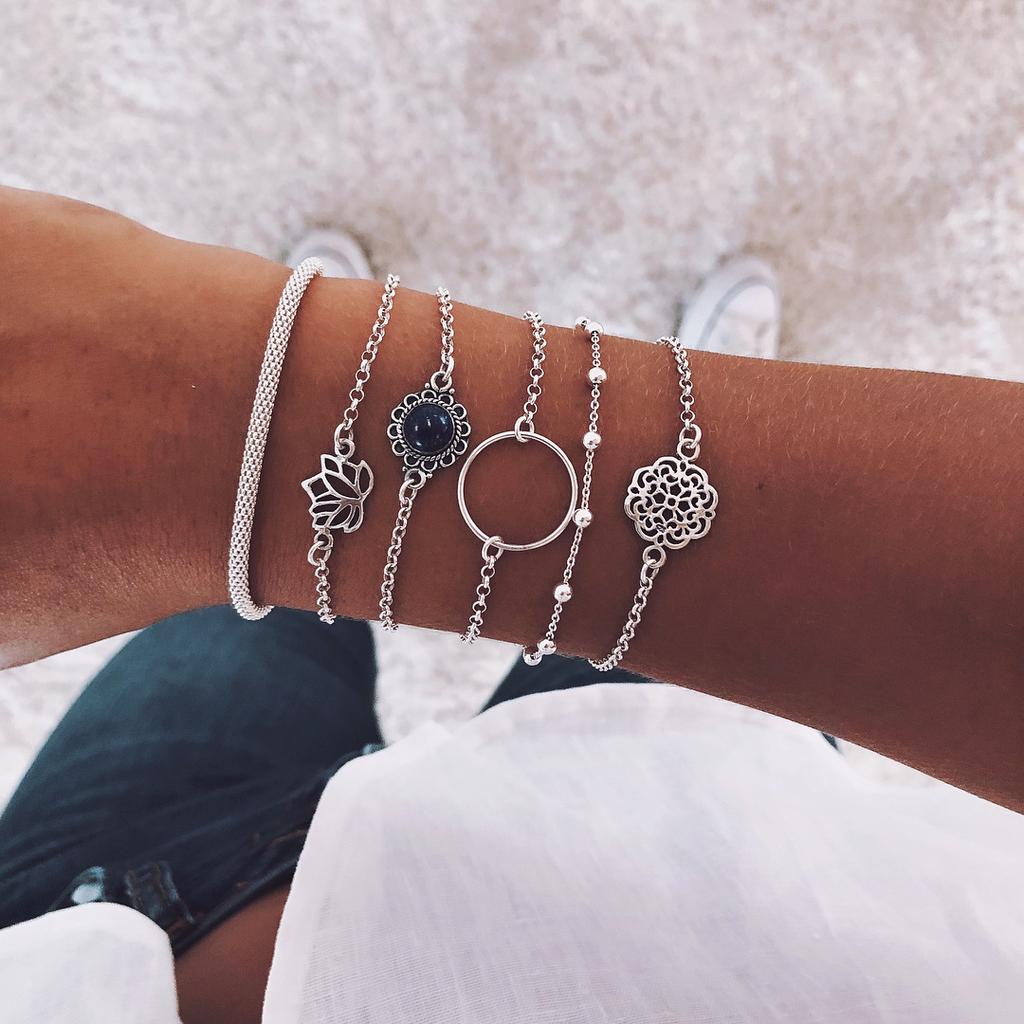 Boho Round Marble Charm Bracelet Set For Women Geometric Black String Rope Chain Bangle Female Bohemian Jewelry Gift