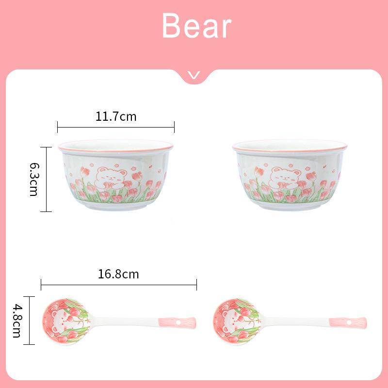 Cartoon Hase Bär Keramikschalen und Löffel Set Für Kinder Kreatives Blumenmuster Schale Keramikgeschirr Kinderschale Löffel