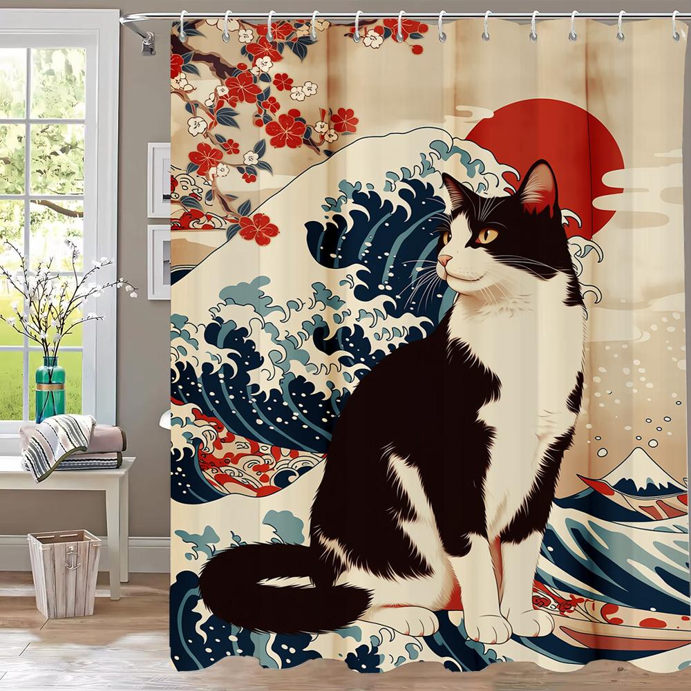 

Wave Sunrise Cat Print Waterproof Shower Curtain Partition Privacy Hanging Curtain With 12 Hooks Multiple Sizes Machine Washable W60H190(CM)-1 Pcs