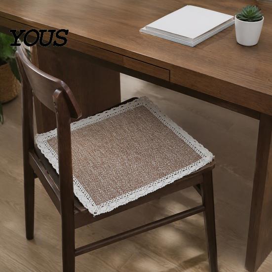 Breathable Office Chair Mat Cotton Linen Pad with Ties, Square Summer Seat Lace Decorative Trim, 15.75" x Washable for Dining Rattan