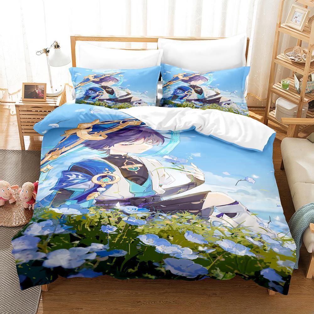 Anime Game Genshin Impact Scaramouche Bedding Set Cartoon Anime Three-piece Set Adult Kid Bedroom Duvet Cover Sets Home Textiles