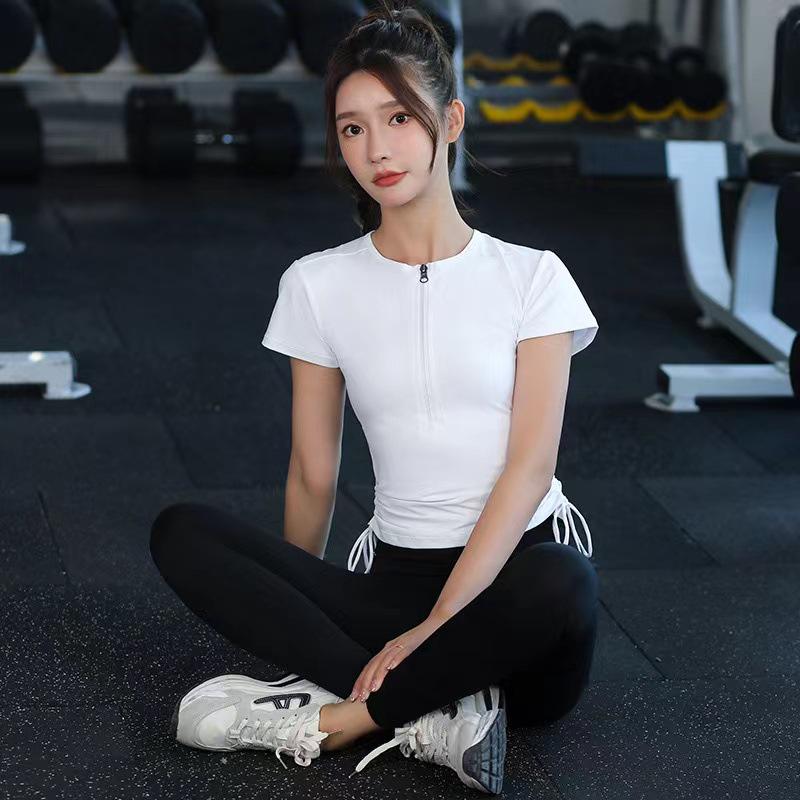 

Женская быстросохнущая футболка для йоги на молнии до середины - С коротким рукавом, приталенная, универсальная для бега и фитнеса Large