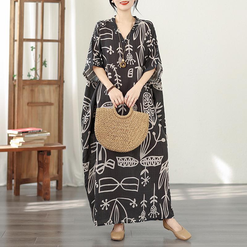 DIMANAF New 2026 Women Plus Size Spring Summer Beach Dress Vintage Floral Print Black Long Dress Loose Oversize Maxi