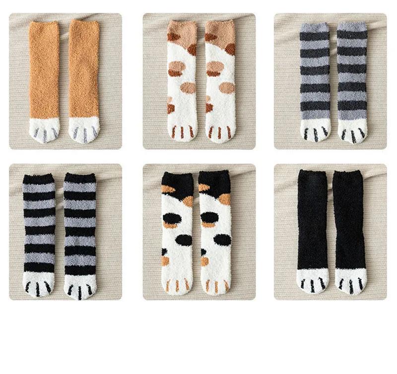 6 Pairs Woman Socks Set Cartoon Cute 3D Dog Cat Paw Pattern Winter Female Fleece Warm Home Floor Sleeping Thick Socks