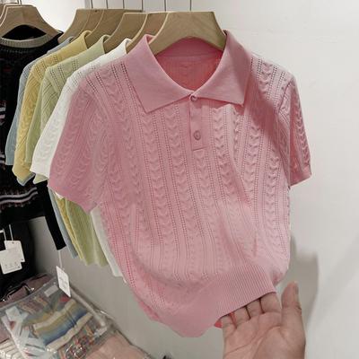 Damen Strick-Poloshirt Kurzarm Leicht Knopfleiste Kragen Pullover Lässiges Oberteil Weicher Stoff Atmungsaktives Design