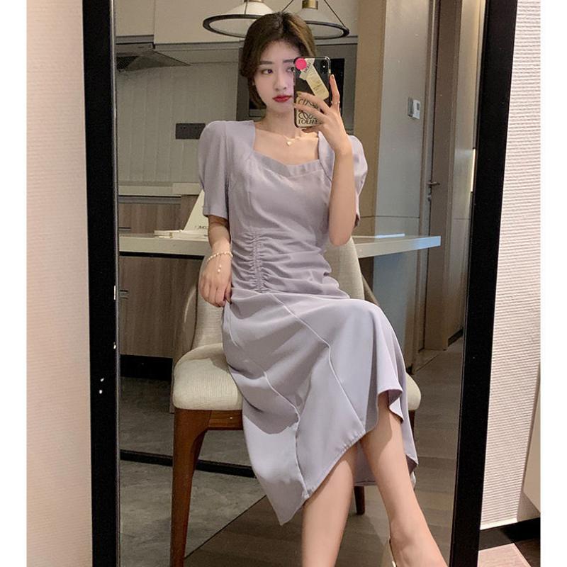 Vestido de verano de Color liso, elegante, con cuello cuadrado, cintura plisada, ajustado, manga de burbuja, vestido de moda