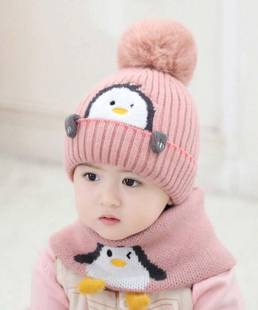 Baby Knit Neck Warmer with Winter Warm Penguin Design J.B.things Hat, Warmth, Scarf, Hat, (JP, 50.0 Cm, Pink)