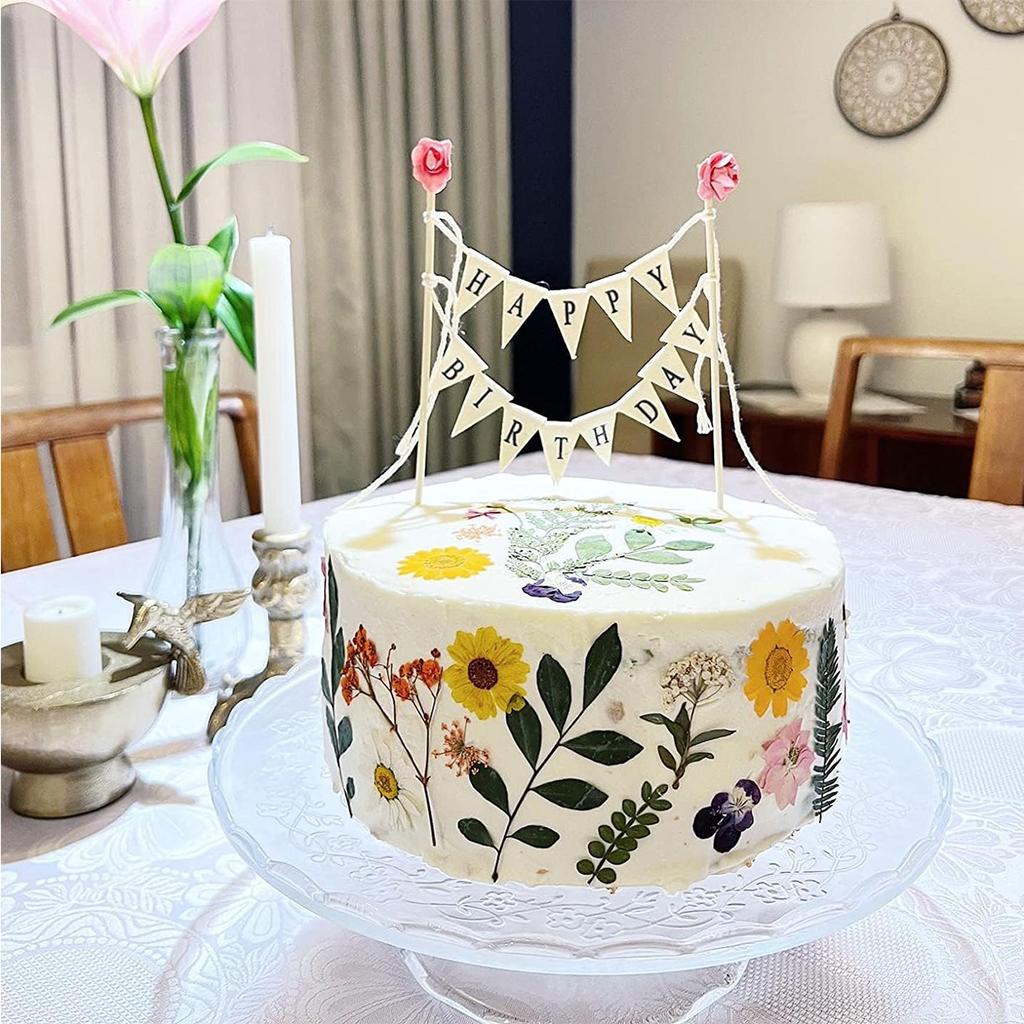 Alles Gute zum Geburtstag Kuchen Wimpelkette Topper Kuchen Topper Girlande, Handgemachte Wimpelflaggen mit Holzstab Elfenbein (Mit rosa Rose)