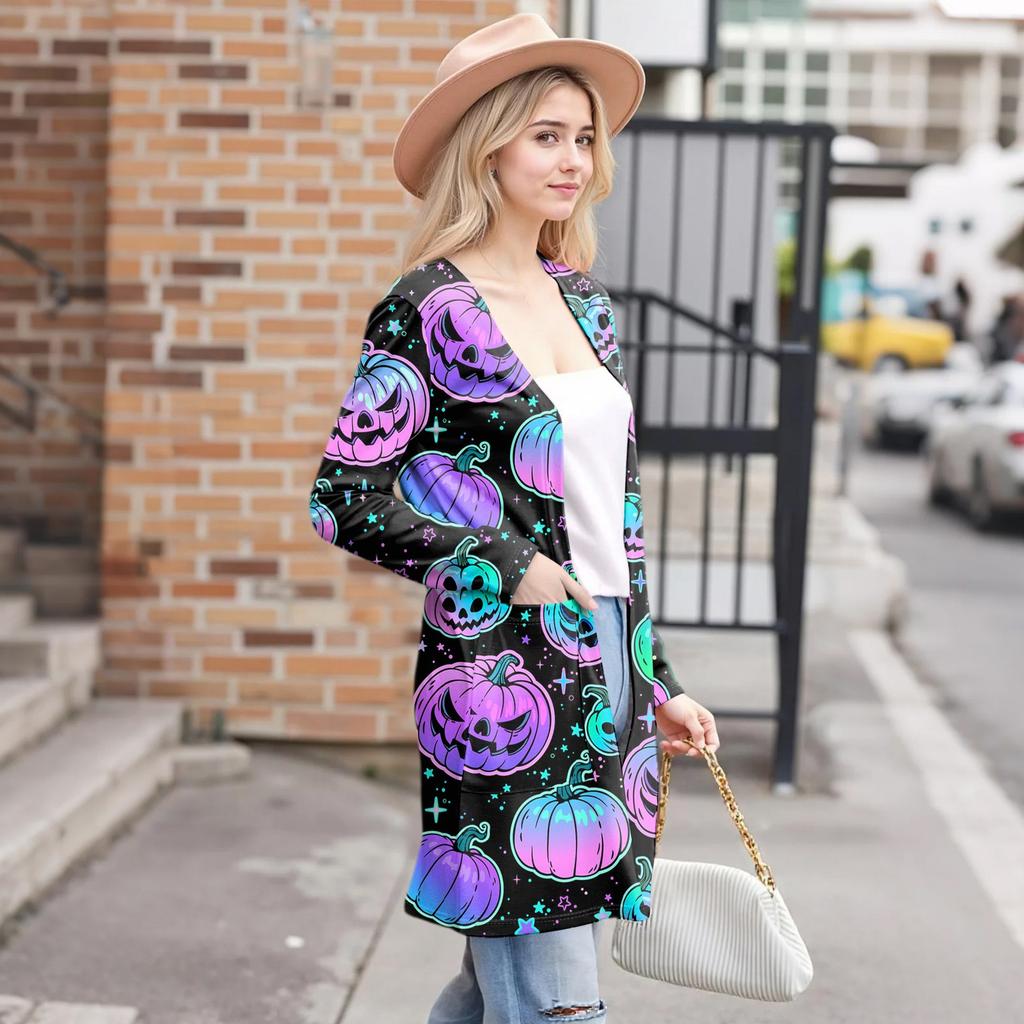 Women's Fashion Casual Comfortable Halloween Printed Mid-Length Cardigan With Pockets Jacket