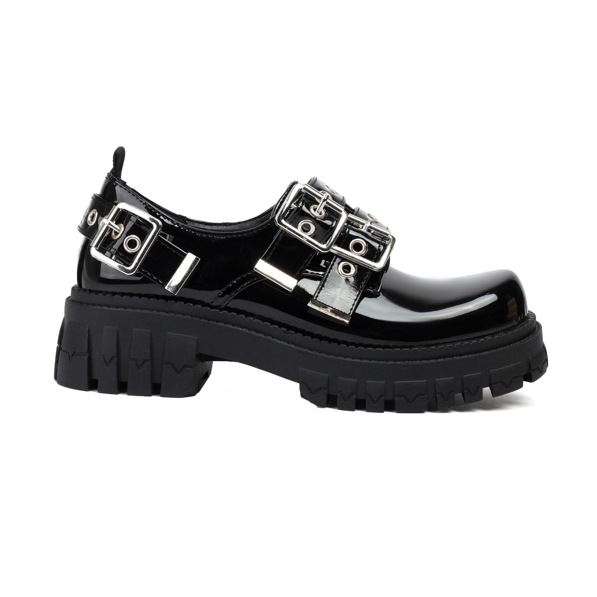 И большие маленькие кожаные туфли с металлической пряжкой в ​​британском стиле на толстой подошве JK Shoes Женская обувь в стиле панк 38 чёрный