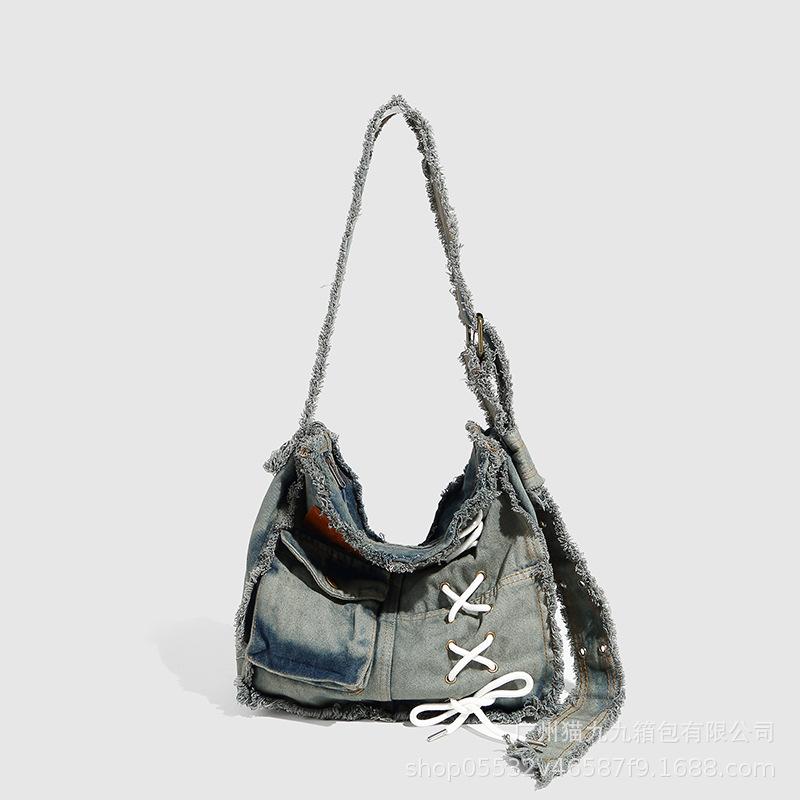 

Джинсовая сумка кроссбоди для женщин, Большая вместимость, Модный стиль, Потертый выстиранный деним, Ретро сумка-тоут. серый