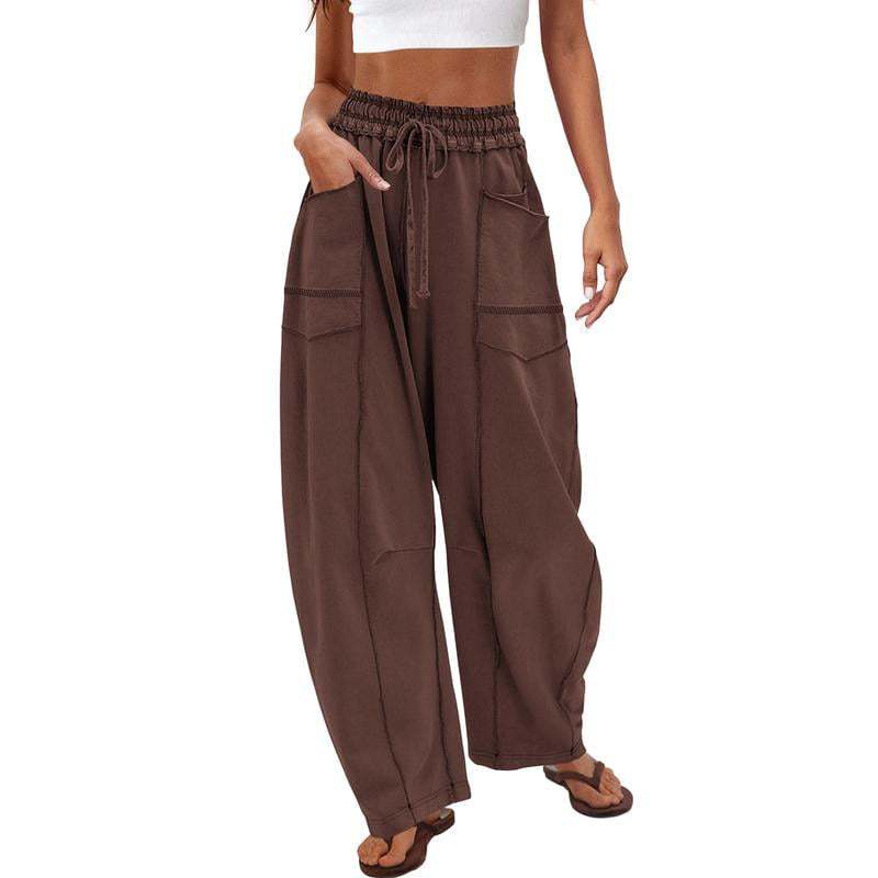 Women's Elastic Drawstring High Waist Stitch Detail Pocket Wide Leg Loose Casual Long Pants Summer Daily Jogger Trousers