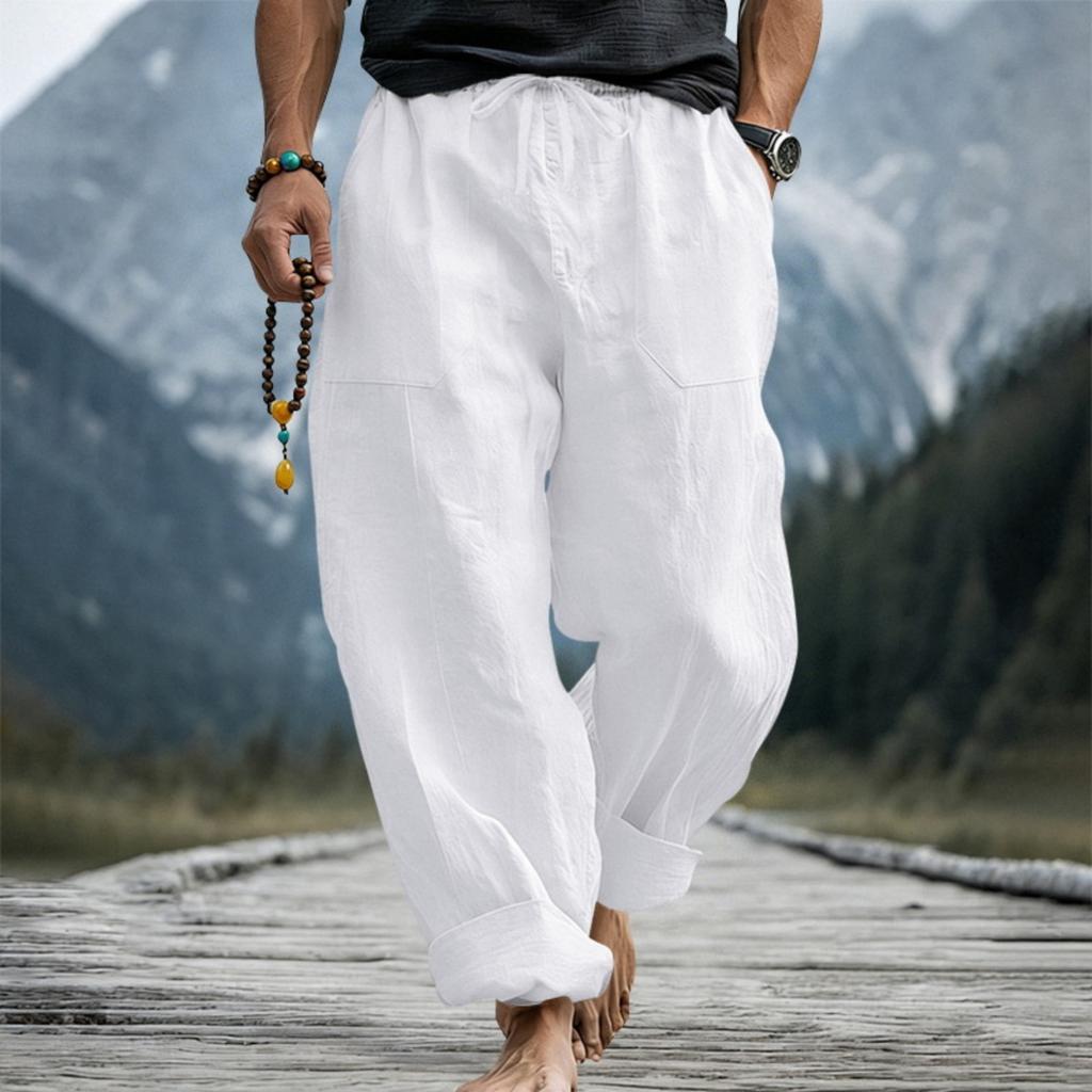 Men’s Loose Fit Linen Pants Breathable Sweat Absorbing Wide Leg Casual Trousers with Drawstring Waist Large Size for Daily Wear