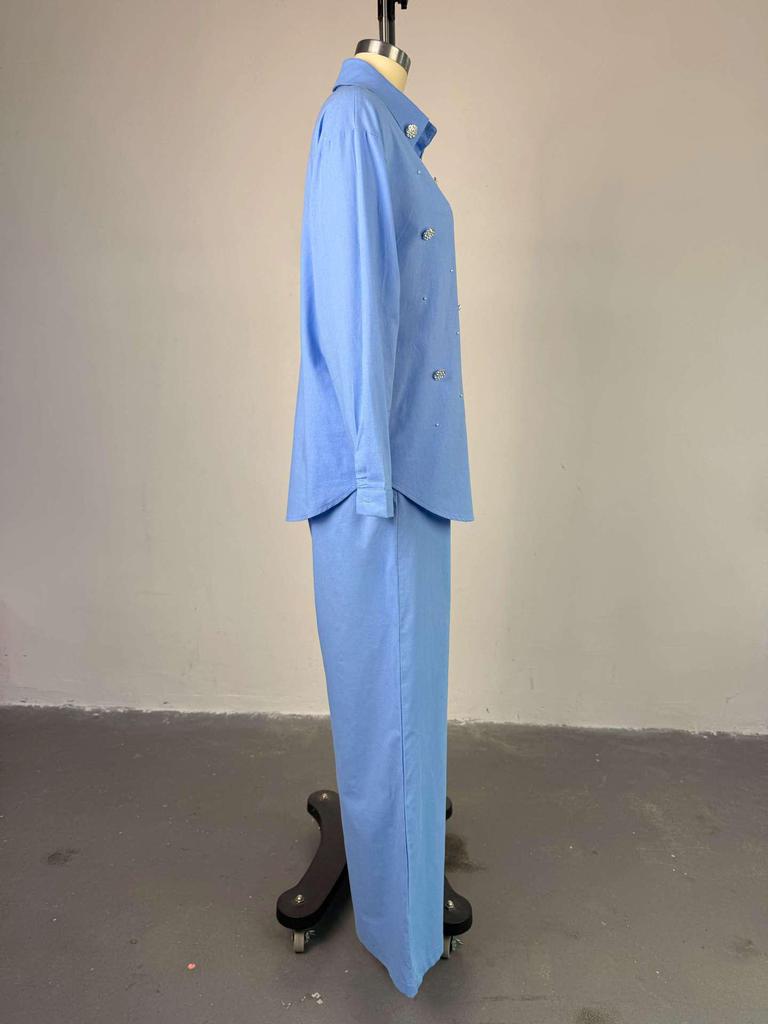 European & American Women's 2025 Summer Two-Piece Set: Sweet Fresh Lapel Beaded Shirt with High Waist Straight Leg Pants.