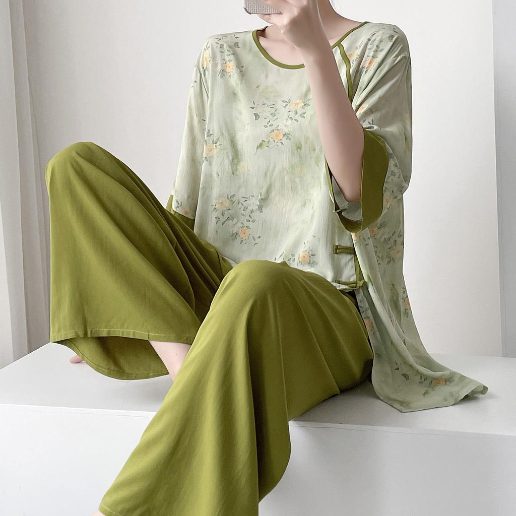 Improved Hanfu cotton and silk pajamas women's spring and summer thin printing can be worn outside loungewear loose high-end cotton silk suit