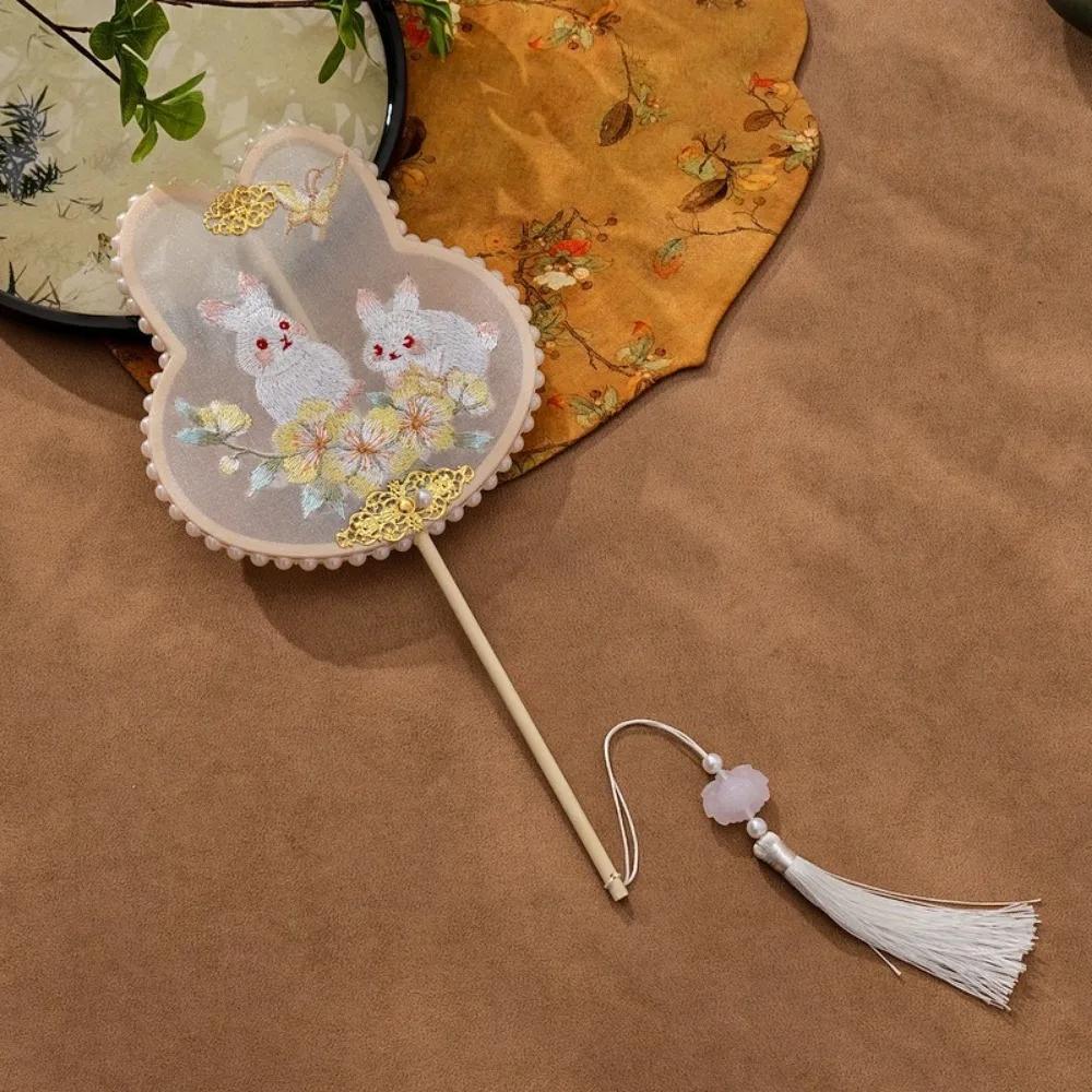 Embroidery Fan Long Handle Handheld Chinese Style Pearl Embellished Fan Rabbit Shaped with Tassel Hanfu Decorative Fan