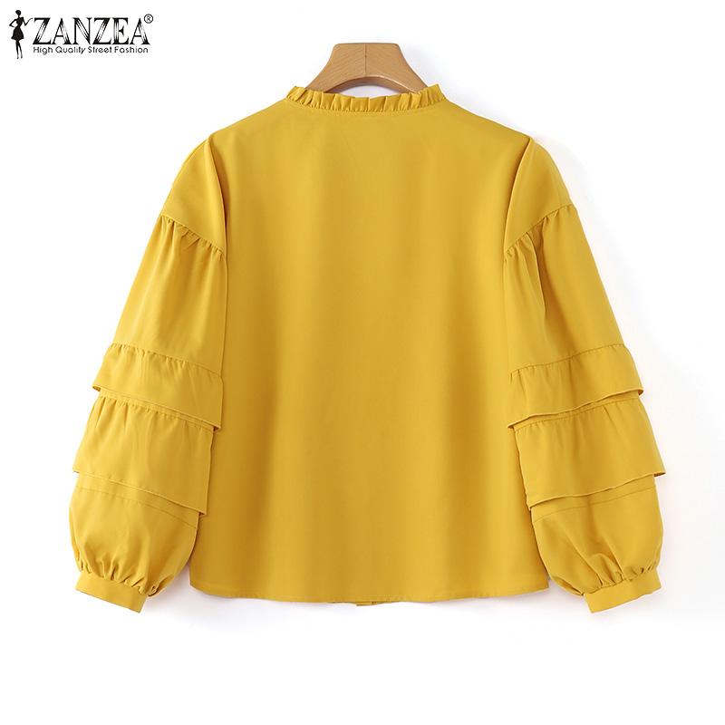 ZANZEA Cămăși cu mânecă lungă cu volan, vară, cu gât rotund