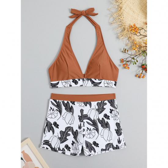 Swimsuit Women's Deep V Neck Split High Waist Flat Angle Lace Up Print Solid Color Swimwear