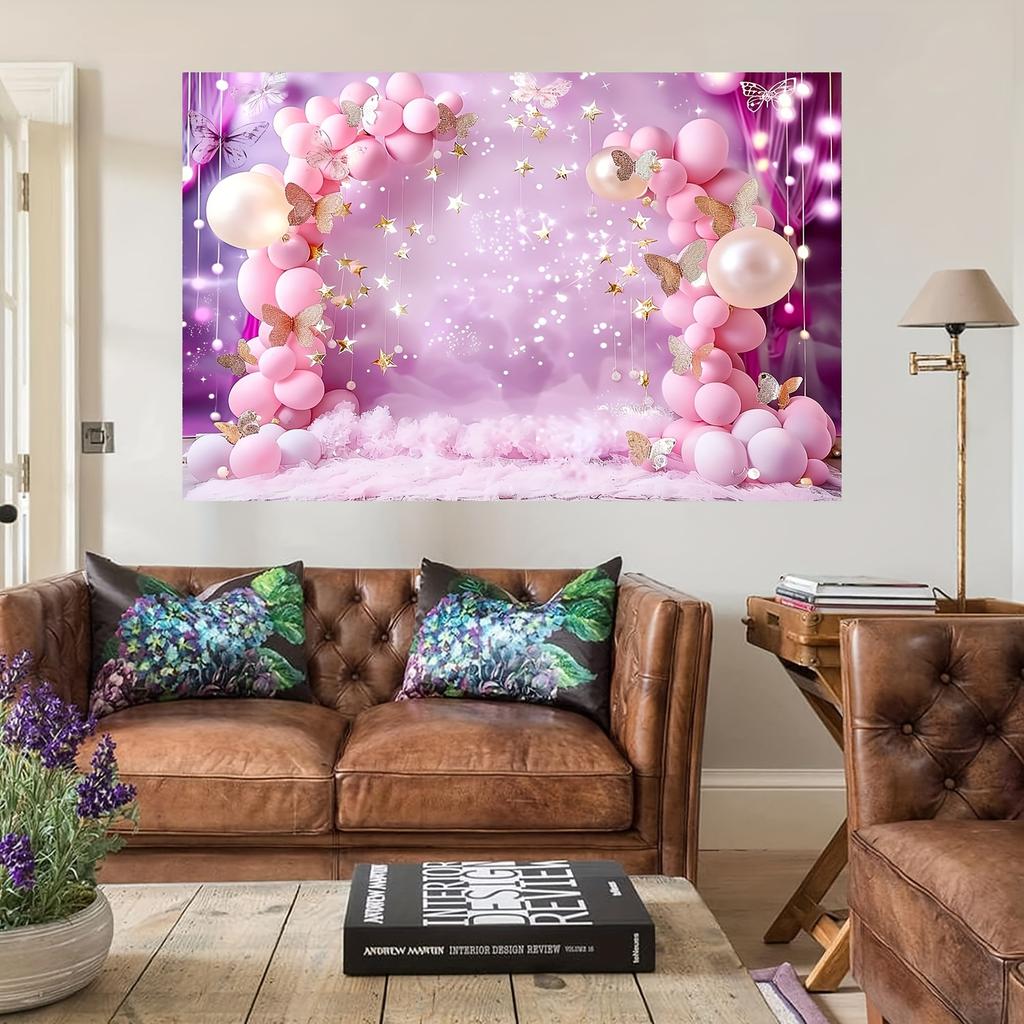 Butterfly Balloon First Birthday Background for Photoshoot Pink Flower Glitter Happy Birthday Party Decoration Wedding Birthday