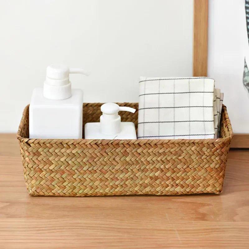 Handmade Woven Seagrass Storage Basket Desktop Straw Rattan Organzier Picnic Storage Box Desk Cosmetic Fruit Sundries Container